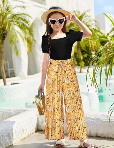 Miniatura 9 de DONWEN Conjunto de 3 piezas de ropa para niñas pequeñas y niñas con cuello cuadrado + pantalones elegantes + diadema para primavera y verano