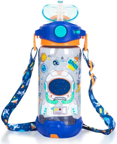 Miniatura 17 de Botella de agua para niños con pajita/cordón para niños de la escuela, niños y niñas, 22 oz / 650 ml, sin BPA, botella de agua para beber