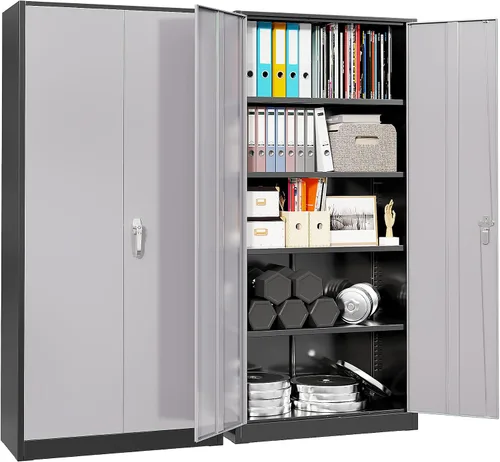 Miniatura 10 de Pataku Armario de almacenamiento de metal con cerradura, gabinete de garaje negro de 71 pulgadas de alto con 2 puertas y 4 estantes ajustables