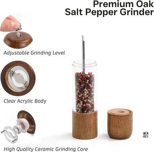 Miniatura 2 de Molinillo de sal y pimienta de madera, molinillo manual de sal acrílica prémium y molinillo de pimienta, cocteleras de madera de roble