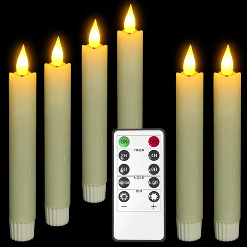 Velas LED cónicas sin llama, 6 velas parpadeantes color marfil de 6.5 pulgadas con temporizador remoto, luz blanca cálida de cera real para
