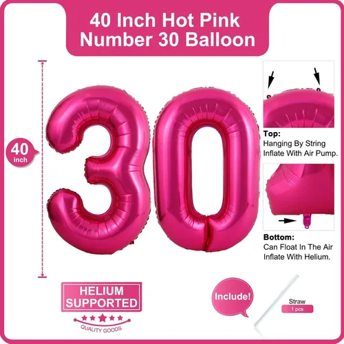 Miniatura 2 de Lovoir Globo rosa intenso de 40 pulgadas, 30 dígitos gigantes, de papel de aluminio de Mylar para helio, globos de color rosa intenso para fiesta