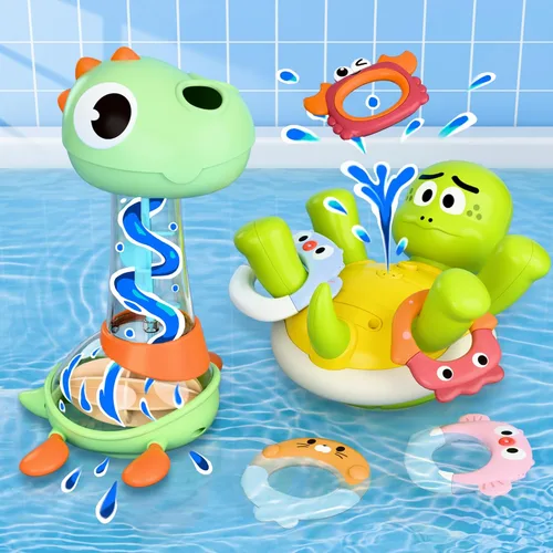 iPlay, iLearn Juego de juguetes de baño para bebé, juguete de bañera para niños pequeños, aspersor de tortuga recargable con 5 anillos, dinosaurio