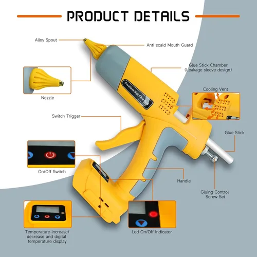 Miniatura 6 de Pistola de pegamento caliente inalámbrica para batería Dewalt de iones de litio de 18 V/20 V, pistola de aire caliente de 100 W con pantalla digital