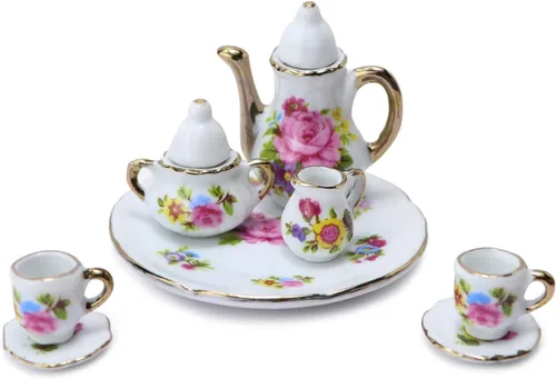 Miniatura 9 de Cutemini - Juego de tazas de té en miniatura de porcelana a escala 1:6, 8 piezas, con diseño de flores, tetera, plato y bandeja, suministros