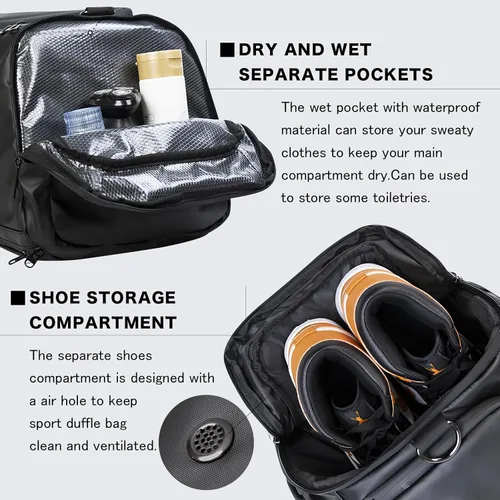 Miniatura 4 de Bolsa de viaje 40L, bolsa de gimnasio grande 4 en 1 con zapatos y ropa húmeda y compartimentos para laptop, color negro, Negro -, Bolsa de viaje