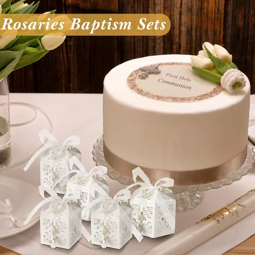 Miniatura 7 de Leinuosen 200 piezas de recuerdos de bautismo, recuerdos de bautizo para invitados, mini cuentas de rosario a granel con cajas de regalo, bolsas