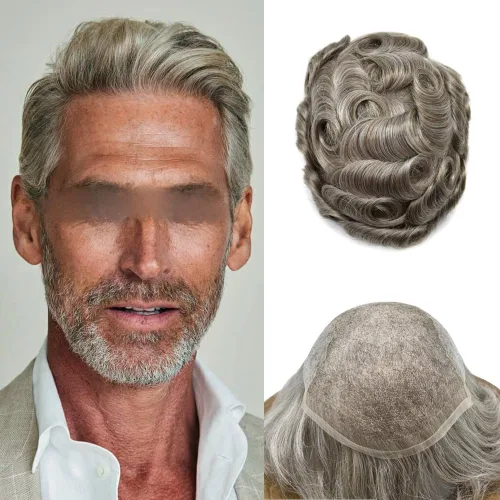 Miniatura 25 de Pieza de pelo Toupee para hombres Sistema de cabello real Sistema de encaje francés para hombre Toupee Sistema de reemplazo de pelo Protesis Capilar