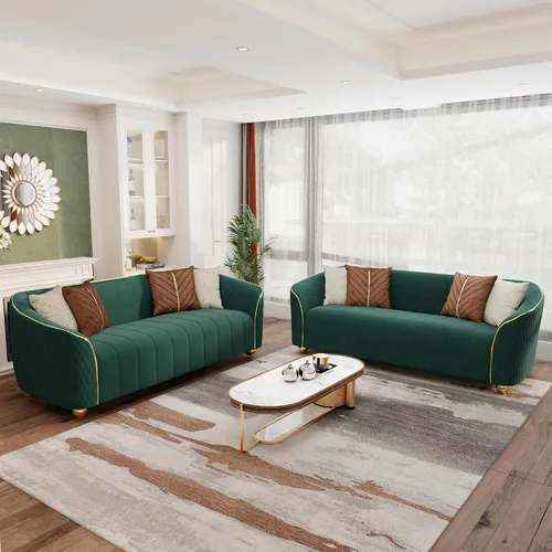 Miniatura 11 de Sofá de lujo de terciopelo retro de 3 plazas, cómodo sofá biplaza tapizado de terciopelo de 86 pulgadas con patas y almohadas de metal dorado, sofá