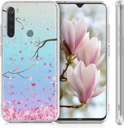 Miniatura 5 de kwmobile Funda transparente compatible con Xiaomi Redmi Note 8 (2019/2021) - Funda de teléfono de TPU suave - Flores de cerezo rosa/marrón