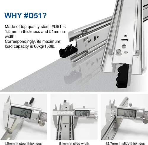Miniatura 2 de VADANIA Deslizador de cajón resistente de 12" con cierre #VD1551, capacidad de carga de 150 lb, extensión completa de 3 pliegues, cierre