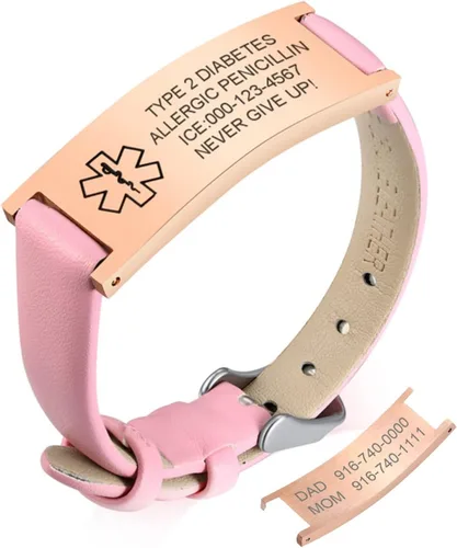 Miniatura 31 de MPRAINBOW Pulsera de alerta médica personalizada para mujer, correa de reloj de cuero genuino, grabado de doble cara, diabetes, epilepsia, joyería