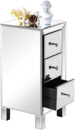 Miniatura 7 de VINGLI Mesita de noche con espejo con 3 cajones, mesa auxiliar plateada con espejo para espacios pequeños, dormitorio, sala de estar