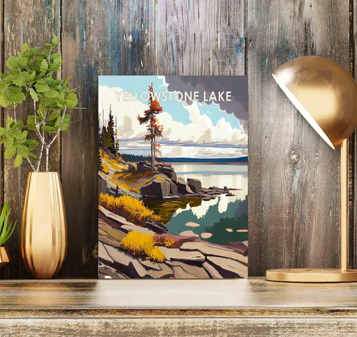 Miniatura 4 de Yellowstone Lake - Póster impreso artístico, ilustración, arte de pared, decoración de paisaje retro, paisaje, obra de arte para decoración de Lago