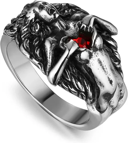 HZMAN Anillos góticos oscuros para hombres y mujeres, anillos de circonita cúbica con amor rojo vintage para abrir tu corazón