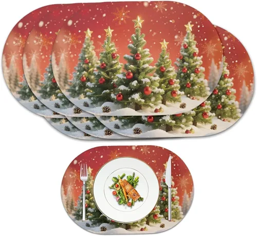 Miniatura 62 de Juego de 2 manteles individuales con luces de Navidad, resistentes al calor, antideslizantes, impermeables, a prueba de aceite, lavables, lavables