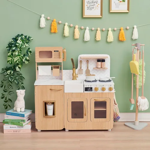 Miniatura 2 de Teamson Kids Little Chef Cyprus - Juego de cocina de juguete para niños pequeños con 14 accesorios, juego de cocina de juguete de madera para niños