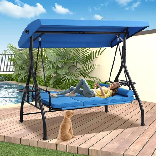 Columpio de porche al aire libre de 3 asientos con toldo ajustable, cama convertible con soporte, planeador de patio con cojín, almohada y soporte