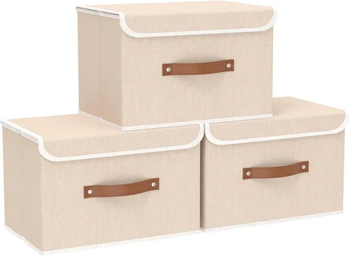 Miniatura 34 de Yawinhe SNK024BEN-1 Cajas de almacenamiento plegables, cestas apilables de tela de lino, contenedor con tapa y asa de cuero, lavable, para el hogar