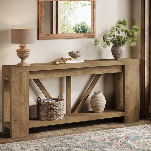 Miniatura 10 de Tribesigns Mesa de entrada extra larga de 70.9 pulgadas, mesa consola de madera de granja con almacenamiento, mesa de sofá moderna detrás del sofá
