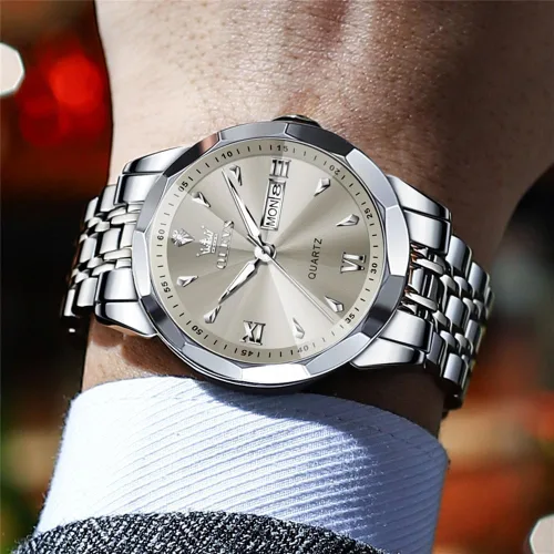 Miniatura 2 de OLEVS Reloj para hombre de acero inoxidable, cronógrafo, cara grande, fácil de leer, relojes analógicos de cuarzo de lujo, impermeables, con fecha