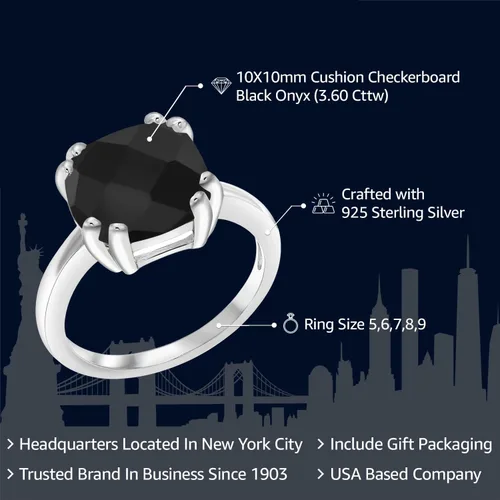 Miniatura 2 de Gem Stone King Anillo de compromiso de ónix negro de 3.60 quilates para mujer en plata de ley 925 Anillo de piedra natal de doble punta Tablero