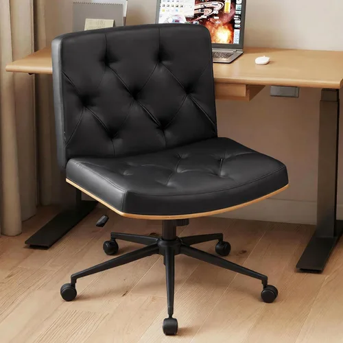 Miniatura 12 de Furnimart Silla de escritorio curvada de madera FSC de alta resistencia, giratoria de 360°, silla cruzada de felpilla de alta calidad con ruedas