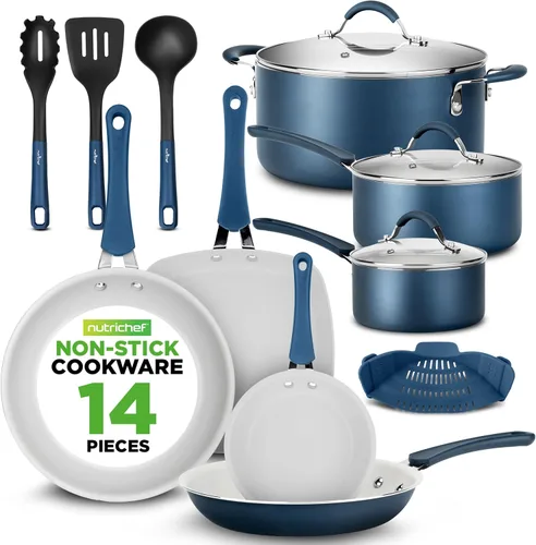 NutriChef Juego de utensilios de cocina antiadherentes azul marino de 14 piezas, juego de ollas y sartenes duraderas con tapas y utensilios,