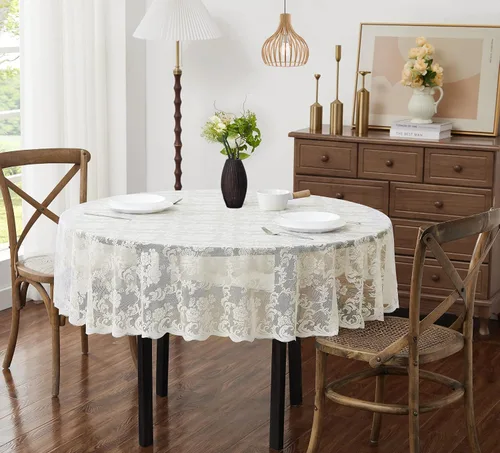 ASATEX Mantel redondo de encaje marfil de 48 pulgadas. El patrón floral clásico y elegante es la elección ideal para cualquier comedor de lujo,