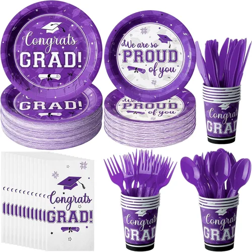 Miniatura 11 de Suministros para fiesta de graduación, juego de platos y servilletas de graduación de felicitaciones, vajilla desechable, platos de papel