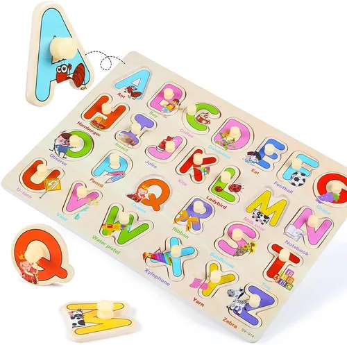 Miniatura 4 de GRINNNIE - Rompecabezas de madera para niños pequeños de 3, 4, 5 años, juego de 4 rompecabezas de aprendizaje educativo Montessori, números, letras