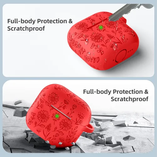 Miniatura 4 de DaQin Funda protectora de silicona suave para Airpods 4, con grabado de flores, compatible con Apple Airpods de 4ª generación, con kit limpiador