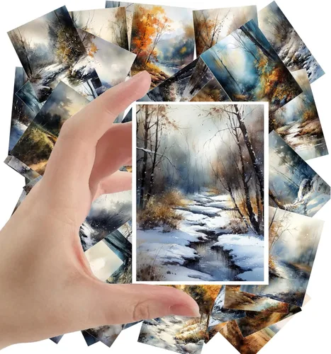 Miniatura 3 de Calcomanías grandes, 24 piezas (2.5 x 3.5 pulgadas cada una) hermosos paisajes de bosques invernales increíbles, acuarela, postales vintage