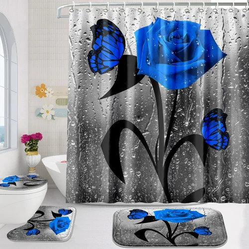 Poedist Juego de 4 cortinas de ducha de baño, juego de cortina de baño con rosas azules, juegos de cortinas de ducha con alfombras (tapete de baño,