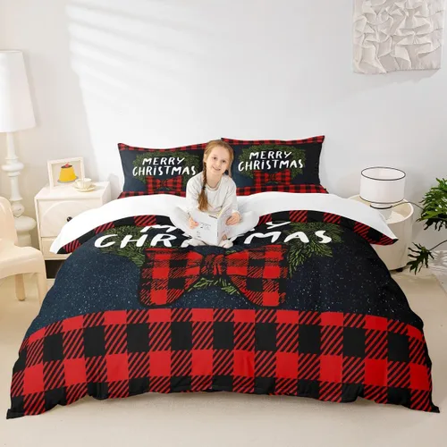 Miniatura 26 de Juego de funda de edredón para niños con diseño de Navidad, tamaño individual, camiones rojos y árboles de pino con copos de nieve, decoración