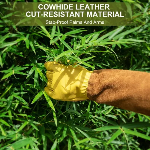 Miniatura 4 de Guantes largos de jardinería para mujeres, a prueba de espinas, guantes de cuero de vaquilla para poda de rosas, para cactus, rosas y moras