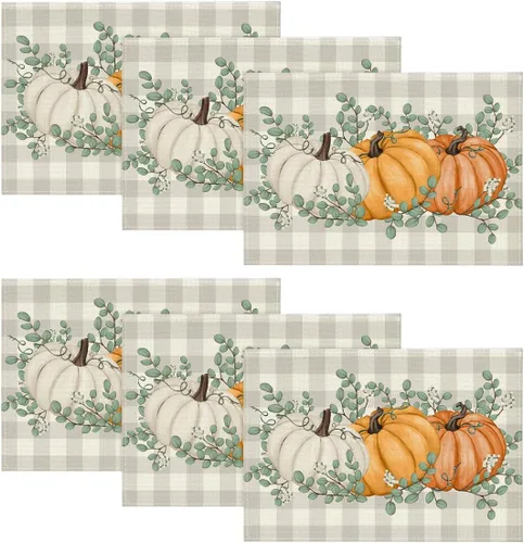 Miniatura 16 de Artoid Mode - Set de 2 manteles individuales de cuadros de búfalo con calabazas y hojas de eucalipto, manteles otoñales de 12x18 pulgadas para Azul