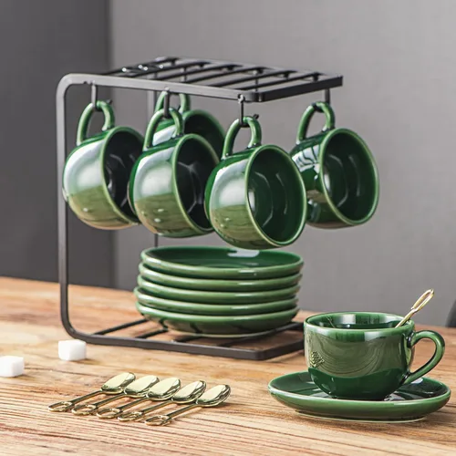 Miniatura 3 de vicrays Tazas de café espresso de cerámica, juego de tazas de café expreso de porcelana de 4 onzas con platillos cucharas y soporte de metal