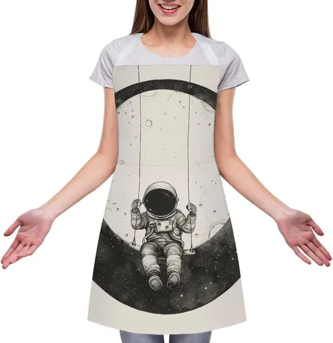 Miniatura 3 de MUSM Apron for Adults - 27.6 X 31.5 Inch, Heavy-Duty Polyester Aprons with Two Large Pockets, Waterproof On The Moon Swing Kitchen Apron for