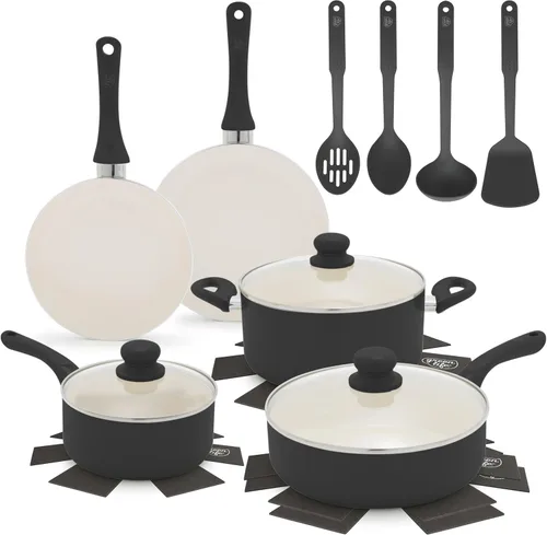 GreenLife Juego de utensilios de cocina antiadherentes de 16 piezas, juego de ollas y sartenes de cerámica no tóxica, esenciales de cocina duraderos