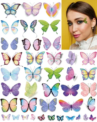 Maquillaje de mariposa con purpurina para mujeres adultas, 10 hojas de mariposas coloridas, alas falsas de hada, calcomanías impermeables para