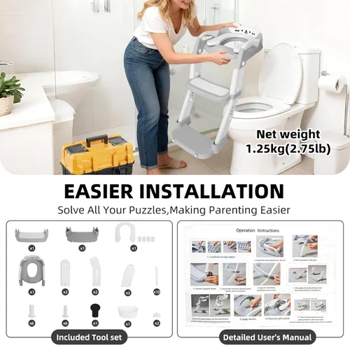 Miniatura 7 de Asiento de entrenamiento para ir al baño, asiento de inodoro mejorado para niños y niñas, inodoro de entrenamiento 3 en 1 con taburete escalonado