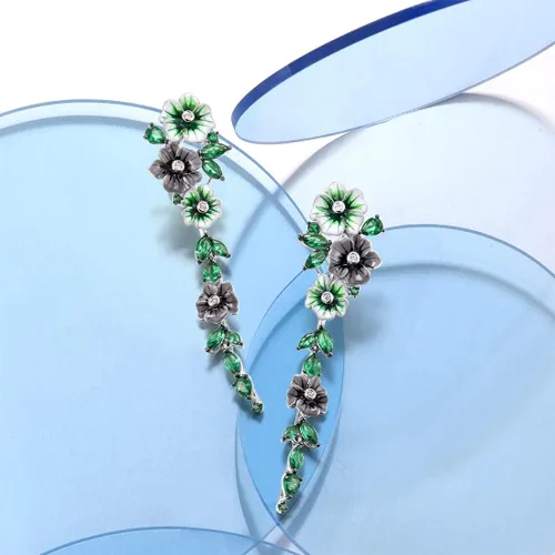 Miniatura 3 de Santuzza Pendientes de plata de ley con diseño de espinela verde y flor de peonía para mujer