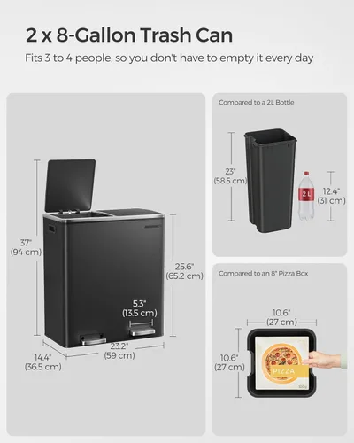 Miniatura 5 de SONGMICS Bote de basura, 2 botes de basura de 8 galones (2 x 30 L) para cocina, con 15 bolsas de basura, 2 compartimentos, cubos interiores de Negro