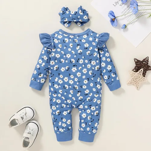 Miniatura 3 de CBHAIBLYD Ropa para bebé recién nacida, mameluco con volantes, manga larga, floral, traje de otoño con diadema