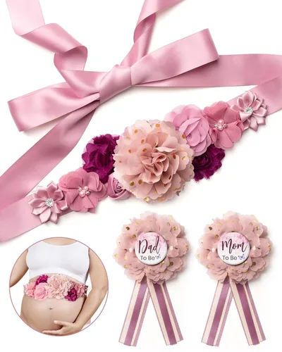 BumpPetal - Juego de fajas de flores Baby Shower Mom to Be Daddy to Be Corsage Pin Cinturón de flores para vestido de maternidad Suministros de