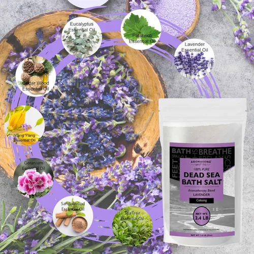 Miniatura 7 de Aromasong Sal pura del mar muerto para remojar con lavanda 100% natural, 2.43 libras, sal de baño de spa de grano fino, exfoliante de lavado