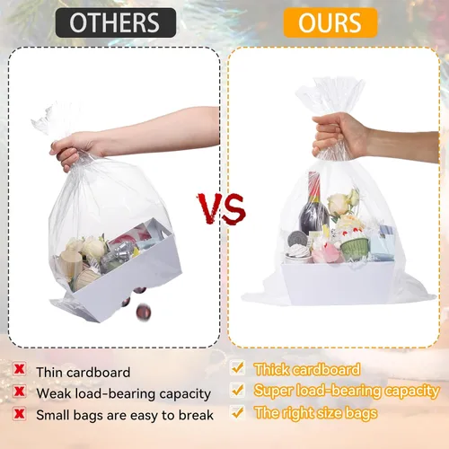 Miniatura 5 de MADHOLLY Juego de 6 cestas vacías para regalos, resistente juego de cesta de regalo de papel kraft con envoltura de celofán y lazos para bodas, baby