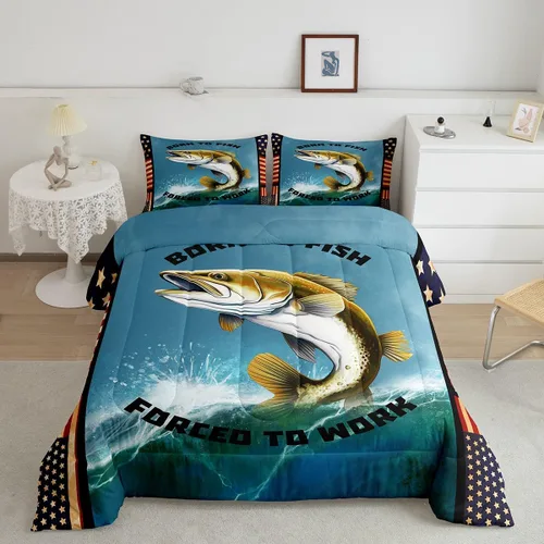 Miniatura 13 de Erosebridal Juego de ropa de cama de pesca tamaño individual, juego de edredón de peces coloridos para niños, adolescentes, hombres, pescadores