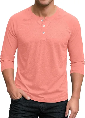 Miniatura 16 de Ctreela Camiseta Henley de manga 3/4 para hombre, estilo casual, ajustada, color sólido, manga larga, camiseta de béisbol Caqui